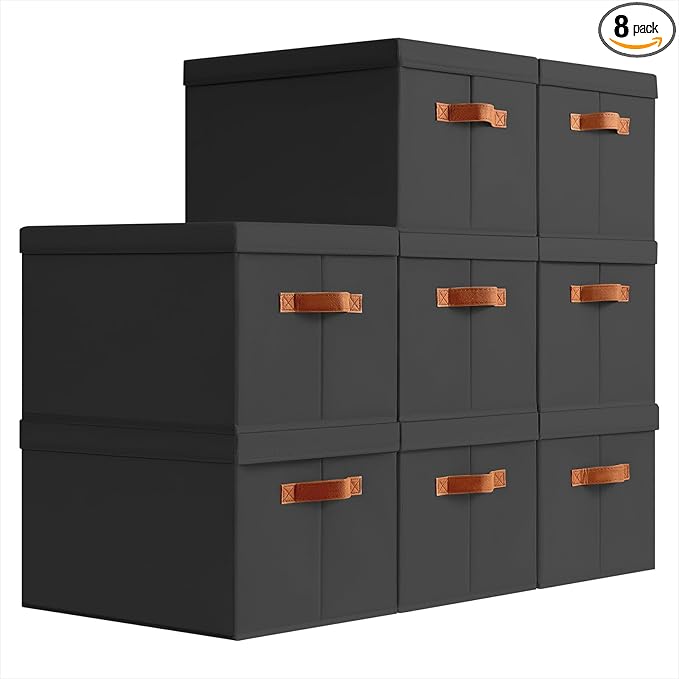 Homsorout Storage Bins with Lids - Large Fabric Closet Bins with Lid, 8 Pack Clothes Organizers and Storage, Collapsible Stackable Cube Basket for Home, Office, Dorm, Black