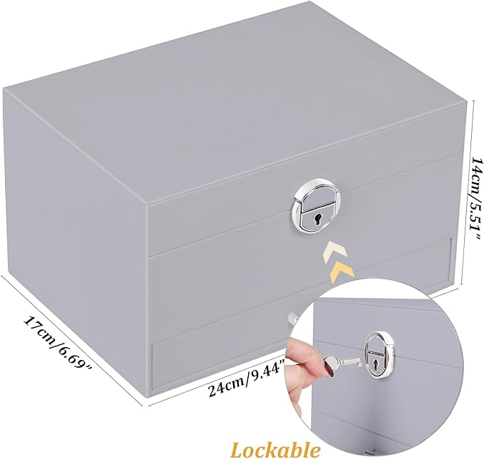 QBestry Earring Jewelry Box for Women Girls Stud Organizers, 5 Layers Grey Jewelry Organizer Box with Lock Necklaces and Earrings Holder Jewelry Box with Earring Organizer for Women Girls Xmas Gifts