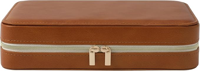 Genuine Leather Travel Jewelry Organizer Case Box with Mirror for Women, Small Mini Portable Jewelry Box for Ring Earrings Necklace Bracelet Luxury Gift for Women（Brown）