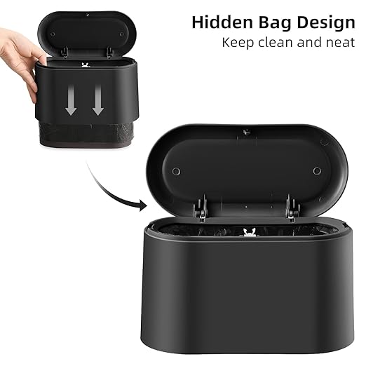 SUBEKYU 0.5 Gal Mini Countertop Trash Can with Lid for Desktop, Small Garbage Can for Office, Tiny Wastebasket, Plastic,Black