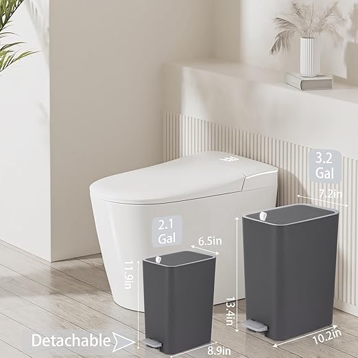 rejomiik Small Bathroom Trash Can with Lid, 2.1 Gallon Step Garbage Can with Handle, Slim Mini Wastebasket Bin for Bedroom, Office, Dorm, Dark Gray