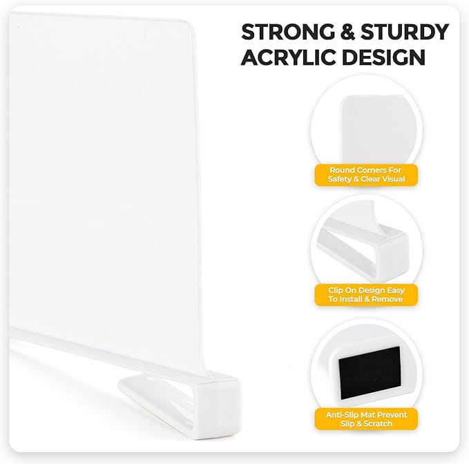 JOY DECOR 6 Pack Acrylic White Shelf Dividers for Closets Organizer and Storage Adjustable Vertical Wood Shelf Closet Separators for Clothes,Book,Bags in Bedroom and Kitchen