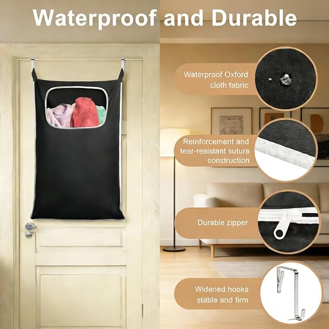 Over the Door Laundry Hamper, Hanging Laundry Hamper Bag with Wide Opening and Full-Length Zipper, Easy Storage & Access, Space Saving for Bathroom, Bedroom, Dorm, Travel (Black)