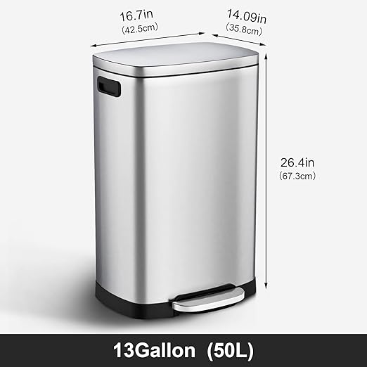 ELPHECO Kitchen Trash Can with Lid Soft Close,13 Gallon / 50L Stainless Steel Pedal Garbage Can, Heavy-Duty Fingerprint Proof Step Wastebasket with 20 Bags, Removable Bucket, Home Office, Silver