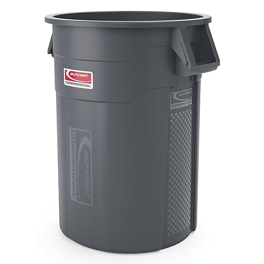 Suncast Commercial Products 55 Gallon Trash Can with Vented Channels, Ergonomic Handles, Rolled Upper Lip, Made in the USA, Gray, Made in the USA