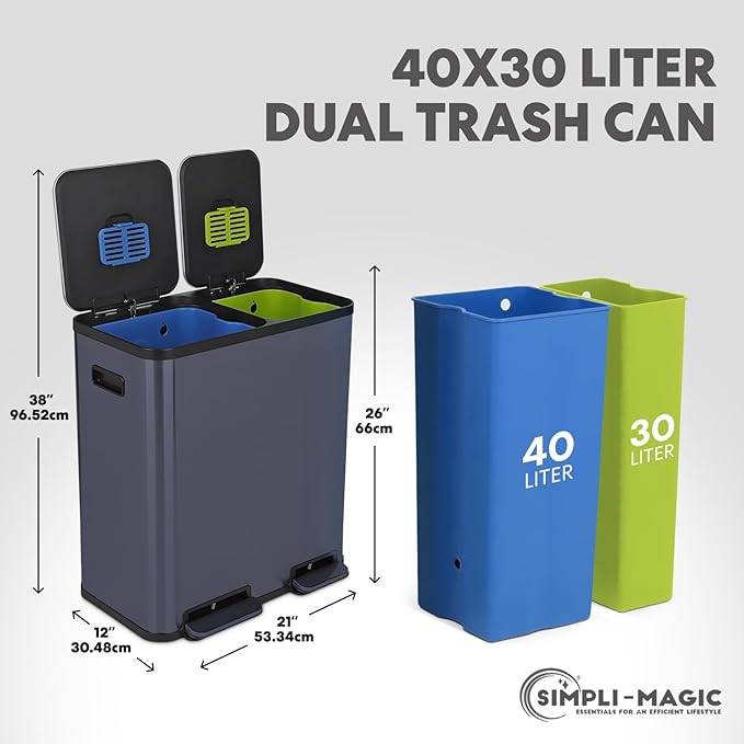 Simpli-Magic 70 Liter / 18.5 Gallon Rectangular Hands-Free Dual Compartment Recycling Kitchen Step Trash Can with Soft-Close Single Lid, Stainless Steel (40L x 30L Capacity), Blue