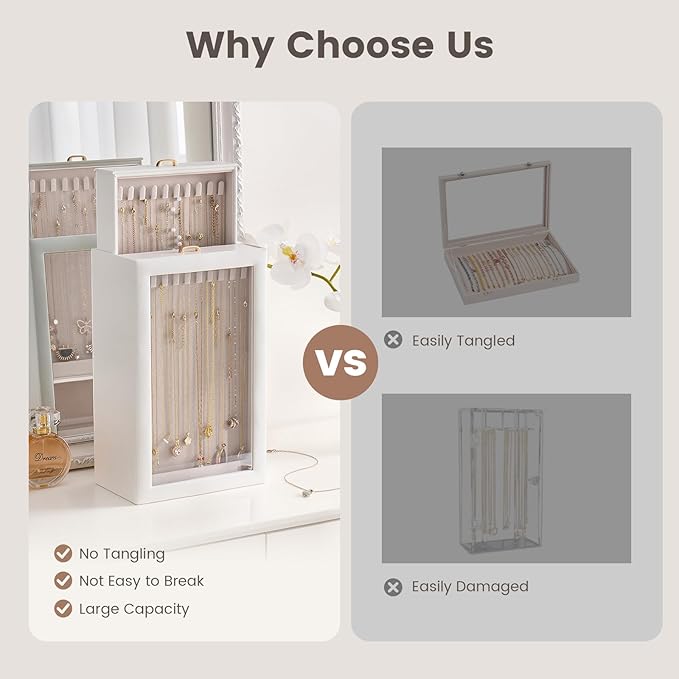 Lolalet Upgraded Double-Sided Hanging Necklace Organizer Box, Jewelry Display Case with Double-Sided Clear Window for Necklaces Bracelets, Tangle-Free Necklace Storage Box, Mothers Day Gift