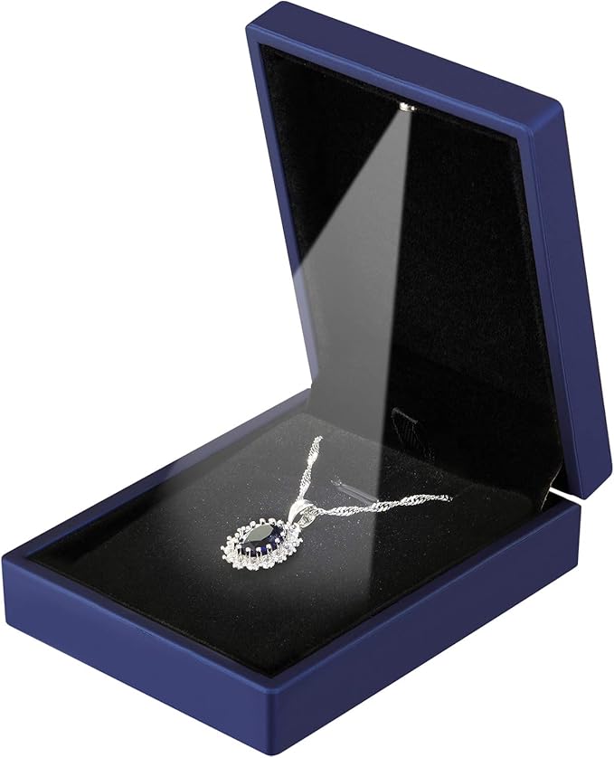 LED Light Pendant Necklace Gift Box, Velvet Jewelry Storage Display Case for Proposal Engagement Wedding Anniversary Birthday Valentine's Day (Blue)