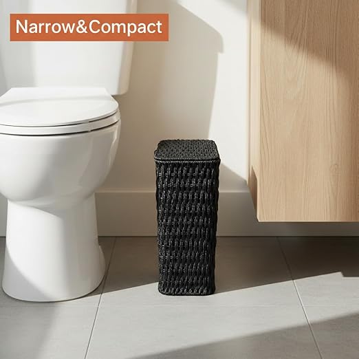 Coeusy 3 Gallon Paper Rope Bathroom Trash Can,Small Wicker Trash Cans with Lid and Liner,Woven Rattan Narrow Waste Basket for Bedroom,Office,Black