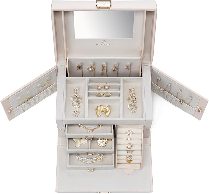 Vlando Mirrored Jewelry Box Organizer, Leather Jewelry Storage Case, Necklaces Earrings Rings Brackets Box Holder, Pink Beige
