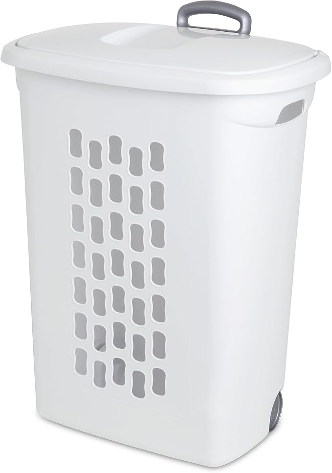 Sterilite 3 pack Ultra Wheeled Hamper, Laundry Basket w/Flip-Top Lid & Retractable Handle - Plastic Rolling Clothes Storage Cart with Ventilated Holes for Home, Apartment or Dorm