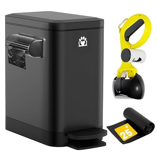 Dog Poop Trash Can Outside,3Gal Metal Outdoor Trash Can,Outdoor Dog Poop Trash Can with Lid for Odor Control,Waterproof Dog Waste Trash Can - Includes Poop Scooper for Dogs & Bin Bag Holder (Black)