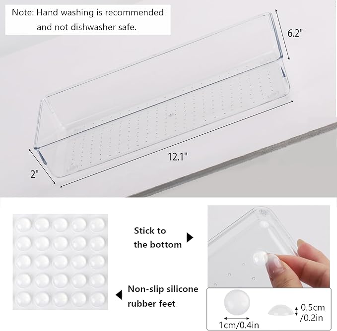 Ohlove 6Pcs Clear Plastic Drawer Organizers Tray 12" x 6.2" Storage Bins with 25Pcs Non-Slip Pads for Makeup, Jewelries, Kitchen Utensils, Bathroom and Office