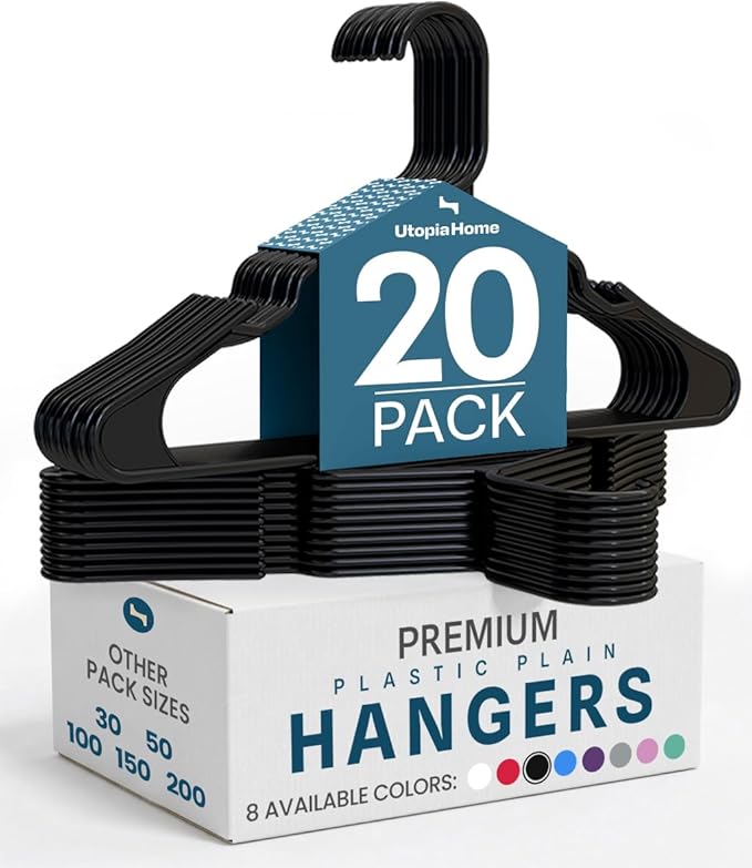 Utopia Home Plastic Hangers 20 Pack - Perfect Space Saving Clothes Hanger - Durable and Strong - Perfect Closet Organizers with Shoulder Grooves (Black)