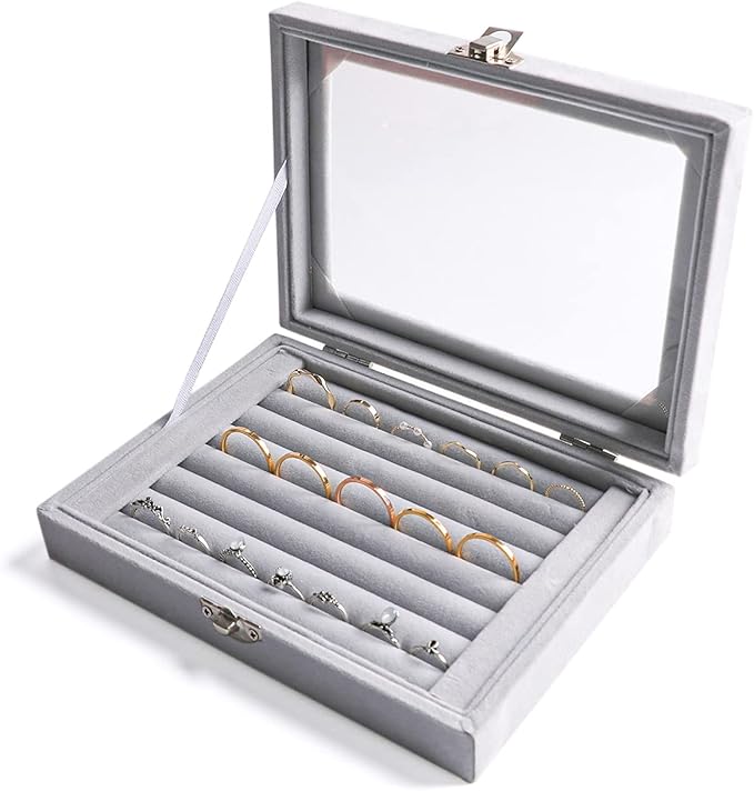 Frebeauty Rings/Earring Organizer Tray with Clear Lid,7 Slots Ring Box Velvet Ring Holder Drawer Insert Jewelry Storage Box Jewelry Display Case Jewelry Box Gift for Women and Girls(Grey,7 Slots)