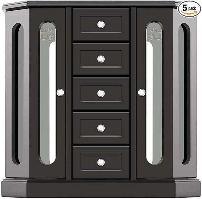 RR ROUND RICH DESIGN Jewelry Box - Made of Solid Wood with Cabinet Type 5 Drawers Organizer and 2 Separated Open Doors on 2 Sides and Large Mirror Black
