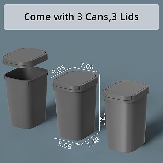 KSSKSS 3 Pack Bathroom Small Trash Can with Lid, 2.6 Gallon Slim Garbage Bin with Pop-Up Lid, 10L Plastic Wastebasket for Bedroom, Office, Kitchen, Toilet (Gray)