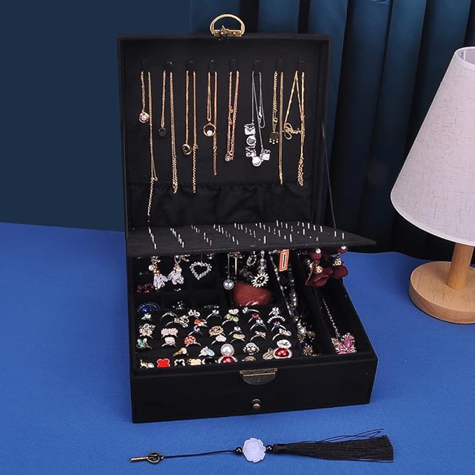 Women Jewelry Box Lockable 3 Layers Large Jewelry Organizer Storage Case for Earrings Necklaces Rings Bracelets,Green Display Jewel Holder (Black)
