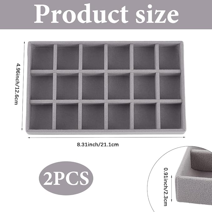 2Pcs 5 x 8.3 Inch 18 Grid Jewelry Tray Drawer Insert Velvet Earring Organizer Display Case Storage with Removable Divider Container Box for Rings Watch Necklace Trinket Holder Showcase Gray