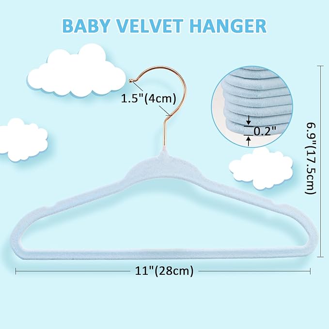 Tonswachic Baby Hangers 50 Pack - 11 Inch Premium Velvet Non Slip Kids Hanger for Infant & Toddler Clothes - 0.2" Ultra Thin Baby Closet Hangers with 10 Hanger Clips - Blue