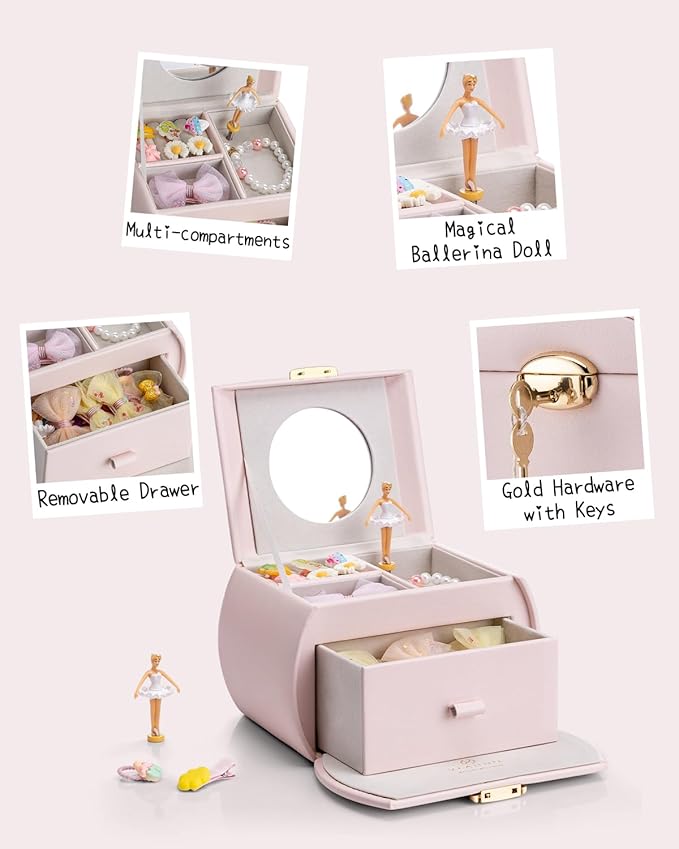 VLANDO Kids Musical Jewelry Box for Girls with Drawer, Music Box with Ballerina and Stickers for Birthday Bedroom Decor, Gifts for Girls Kids Christmas Thanksgiving Gifts 2024 - Light Pink