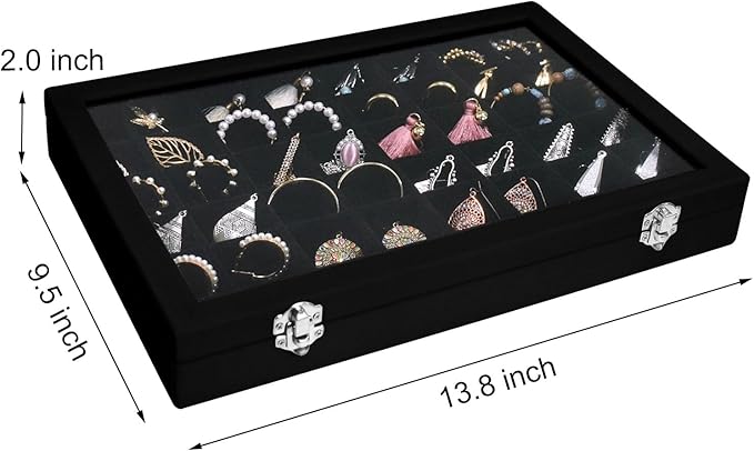 Siveit Velvet Jewelry Tray 48 Grid Jewelry Display Tray Organizer Box with Transparent Lid Rings Earrings Necklaces Pendants Display Box Suitable for Women and Girls (Black)