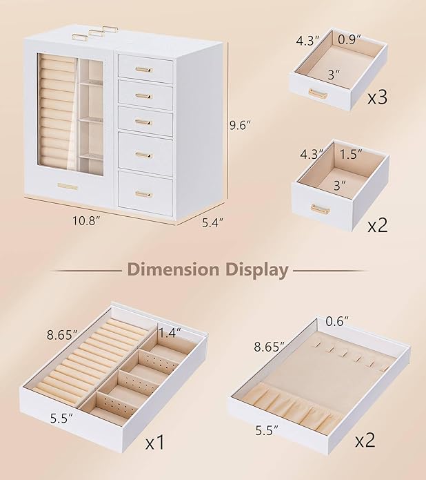 Homde Large Jewelry Box/Organizer/Case with Glass Window, Drawers for Necklaces Earrings Rings Bracelets Watches Gift for Women Girls