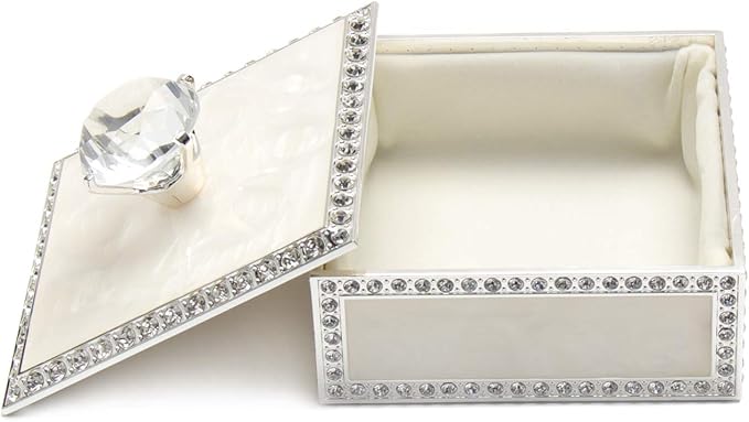 LASODY Diamond Crystal Jewelry Storage Box for Rings Earrings Necklace Treasure Chest Organizer Jewelry Keepsake Gift Box Case for Girl Women (Diamond Square Silver Plater White)