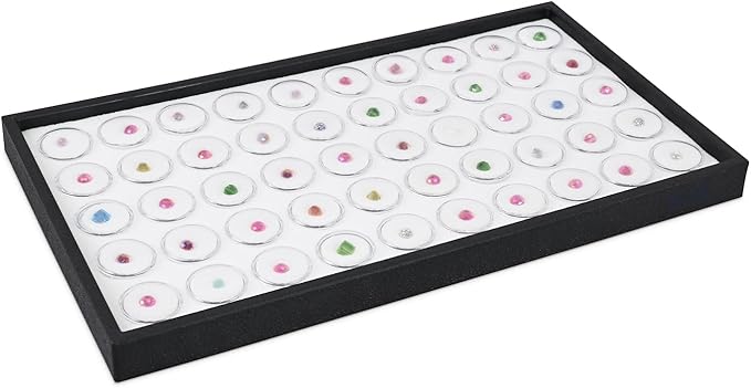 Ikee Design White Foam Gem Jars Showcase Stackable Display Tray for Collectibles, Home Organization Storage Box with 50 Gemstones and Bead Storage Jars, White Foam/Black Tray
