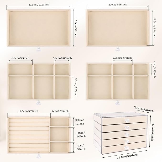 Hyber&Cara Luxury Acrylic Jewelry Box Organizer - 5 Drawers Velvet Lined Clear Stackable Storage for Earrings Necklaces Rings Bracelets Elegant Beige Dresser Top Vanity Display