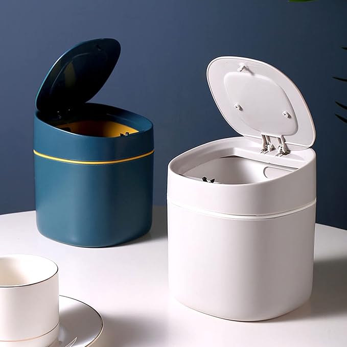 LTWQLing Plastic Mini Trash Can with Lid - 2 L Pop Up Wastebasket for Bathroom Vanity, Desktop, Tabletop or Coffee Table - Dispose of Cotton Rounds, Makeup Sponges, Tissues (Grey)