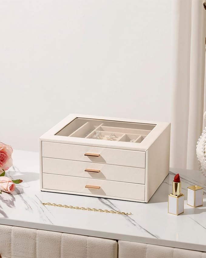 Jewelry Box with Glass Lid,3-Layer Jewelry Boxes for Women,PU Leather Jewelry Organizer with 20-Grid Earring Drawer & Movable Dividers for Necklaces Rings - Cloud White
