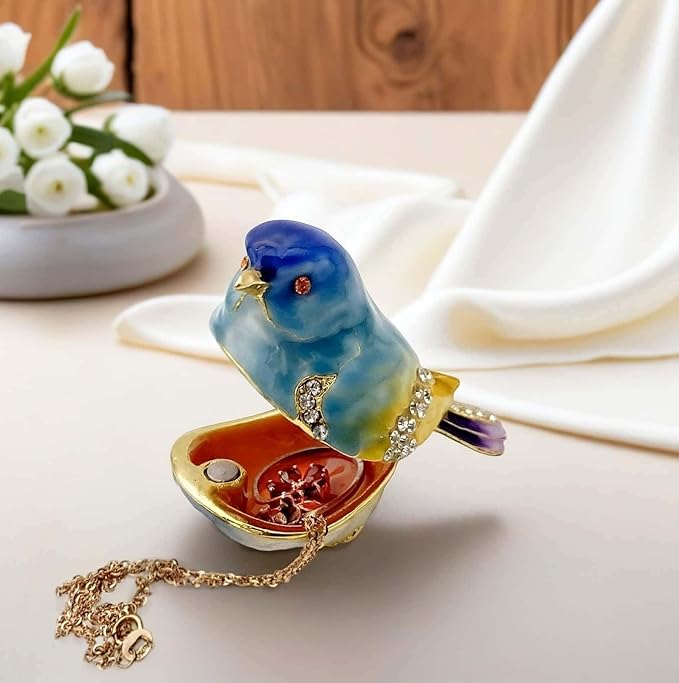 JWT Astyle Blue Mountain Bird Hinged Trinket Box with Crystal Stones .Animal Jewelry Box.Necklace Rings Earrings Storage.Bird Figurines Home Decor,Collectible Trinket Boxes Gift ., Blue Yellow