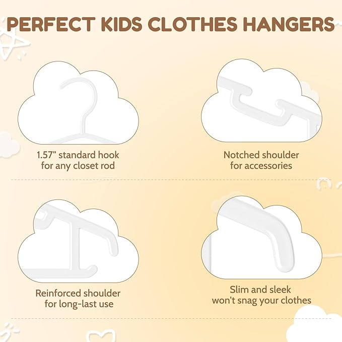 VILICK Kids Plastic Hangers, Baby Clothes Hangers for Closet 100 Packs Non-Slip Toddler Hangers for Infant Child Clothing, Small Children, for Pants Coats Skirts (White)