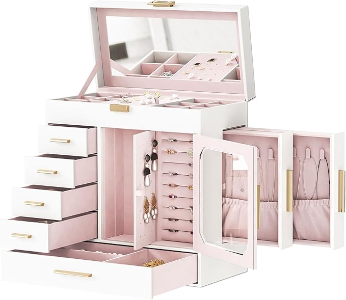 HOOBRO Jewelry Box with Mirror, Jewelry Organizer Box with Capacious Storage Space, Vertical Storage, Glass Cover, Modern Style, White and Light Gold WT06JB04G1