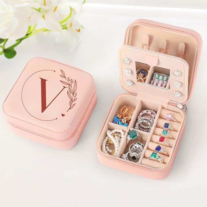SANDJEST Personalized Jewelry Box, Pink Small Travel Jewelry Box with Initial V, Monogrammed Jewelry Case Organizer for Girls Women Teen, Mini Travel Essentials Gifts for Christmas Birthday