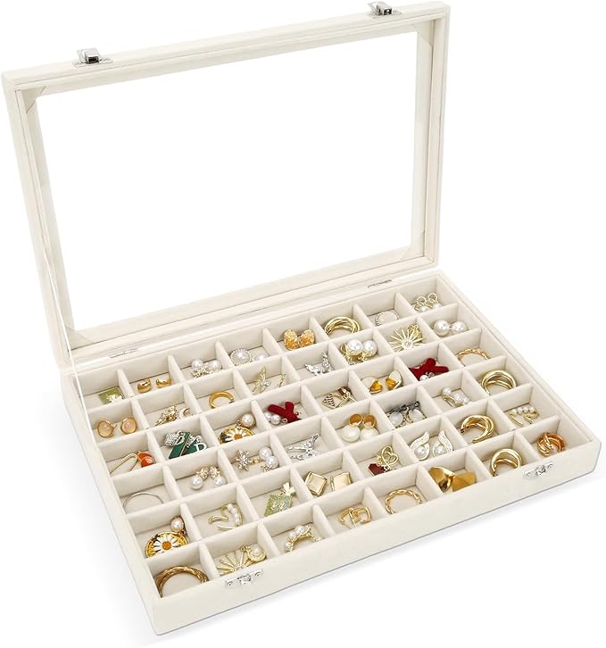 Velvet Jewelry Organizer Storage Tray, 48 Grid Adjustable Earring Holder Organizer with Clear Lid, Jewelry Display Box for Earrings, Rings, Necklaces and Studs, Gift for Women and Girls