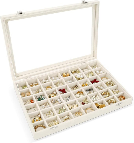 Velvet Jewelry Organizer Storage Tray, 48 Grid Adjustable Earring Holder Organizer with Clear Lid, Jewelry Display Box for Earrings, Rings, Necklaces and Studs, Gift for Women and Girls