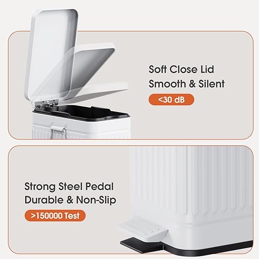 Small Bathroom Trash Can with Lid Soft Close, 6L / 1.6 Gallon Stainless Steel Small Garbage Can with Step Pedal, Slim Waste Basket for Bedroom, Toilet, Office - White