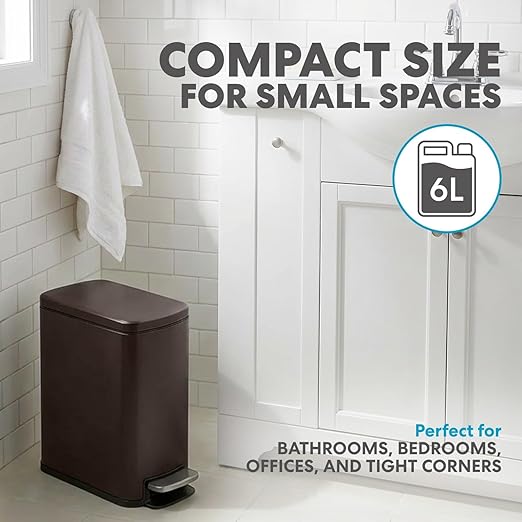 SIMPLI-Magic 6L/1.6G Stainless Steel Bathroom Trash Can with Hands-Free Foot Pedal, Quiet Soft-Close Lid, Compact Space-Saving Size