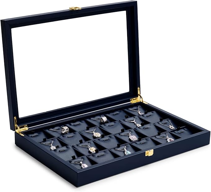 Oirlv Premium Blue Leather Jewelry Tray with 24 Grid Removable Jewelry Cards Jewelry Organizer Box with Transparent Acrylic Lid Necklace Pendant Display Case
