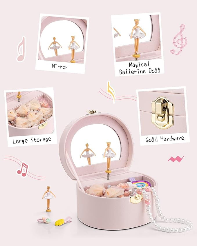 Vlando Musical Jewelry Box for Girls - Valentines Day Gifts for Daughter Kids - Birthday for Girls Ages 4 5 6 7 8-12 Year Old - Kid Music Box with Ballerina for Birthday Bedroom Decor - Light Pink