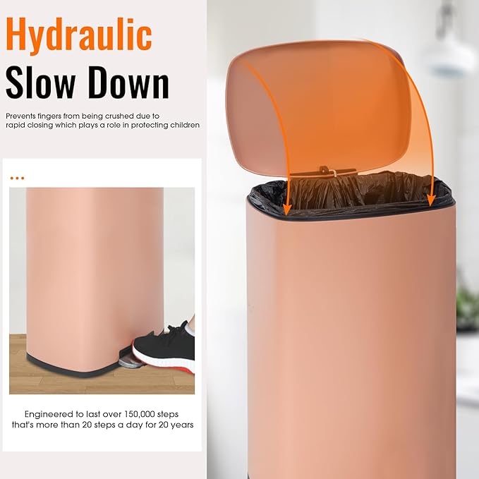 FDW | 13 Gallon Trash Can with Lid | Pink | Fingerprint-Proof | Made of Brushed Stainless Steel | Soft-Close Step Pedal | Hands-Free Use | Easy to Clean | for Kitchen, Office, Bathroom