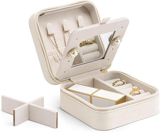 Vlando Small Travel Jewelry Box Organizer - Mirrored Carry-on Jewelries Necklaces Rings Earrings Necklace Storage Case, Beige