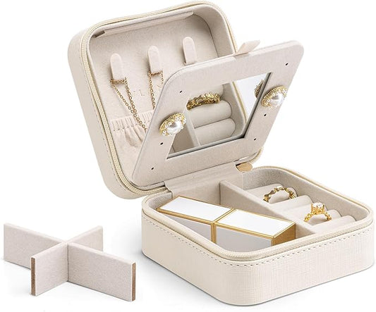 Vlando Small Travel Jewelry Box Organizer - Mirrored Carry-on Jewelries Necklaces Rings Earrings Necklace Storage Case, Beige