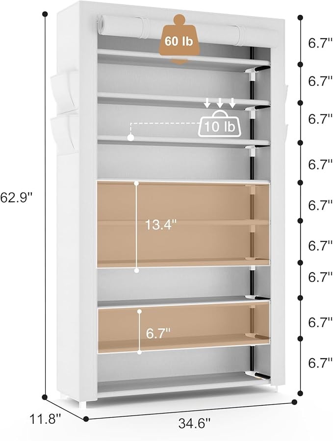 VILICK Shoe Rack with Cover Narrow Shoe Organizer with Pockets 10 Tier Tall Shoe Storage Holds 36-41 Pairs Shoes and Boots Shoe Rack for Closet Entryway Garage, White