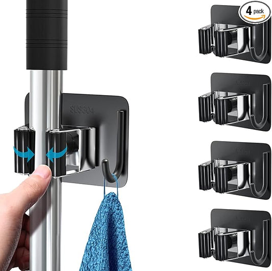 homeasy Mop Broom Holder No Drill, Mop Broom Organizer Wall Mounted Heavy Duty with Hooks Hanger, Self Adhesive Stainless Steel 4Pcs for Bathroom, Kitchen, Office (Multicolor)