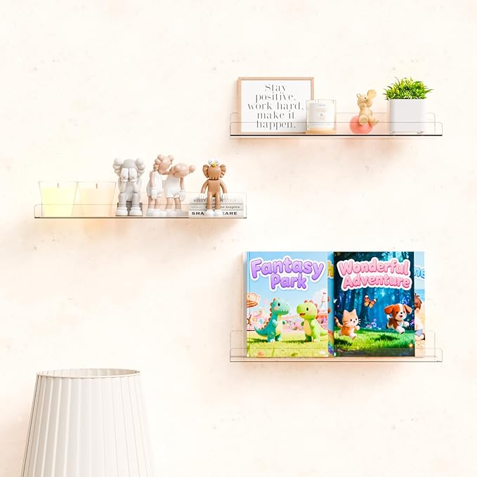 Yieach 8 Pack 15" Acrylic Shelves for Wall,Bathroom,Bedroom - with Adhesive - No Drilling Clear Floating Shelves for Funko Pop,Lego,Action Figures,Nail Polish,Perfume Shelf and Wall Storage & Display