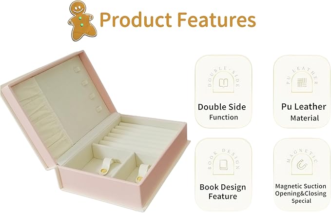 PU Leather Book Jewelry Organizer Box with Magnetic Closure, Stylish Jewelry Box for Women and Girls,Travle Jewelry Case for Rings Necklaces Earring (Ashy Pink)