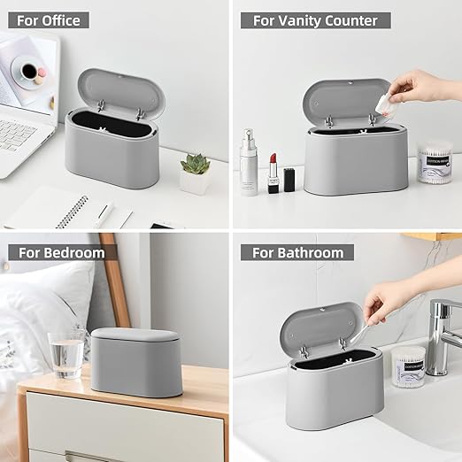 SUBEKYU 0.5 Gal Mini Countertop Trash Can with Lid for Desktop, Small Garbage Can for Office, Tiny Wastebasket, Plastic, Light Grey